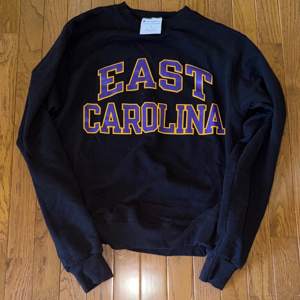 Champion Black Crewneck with Gold & Purple East Carolina Lettering